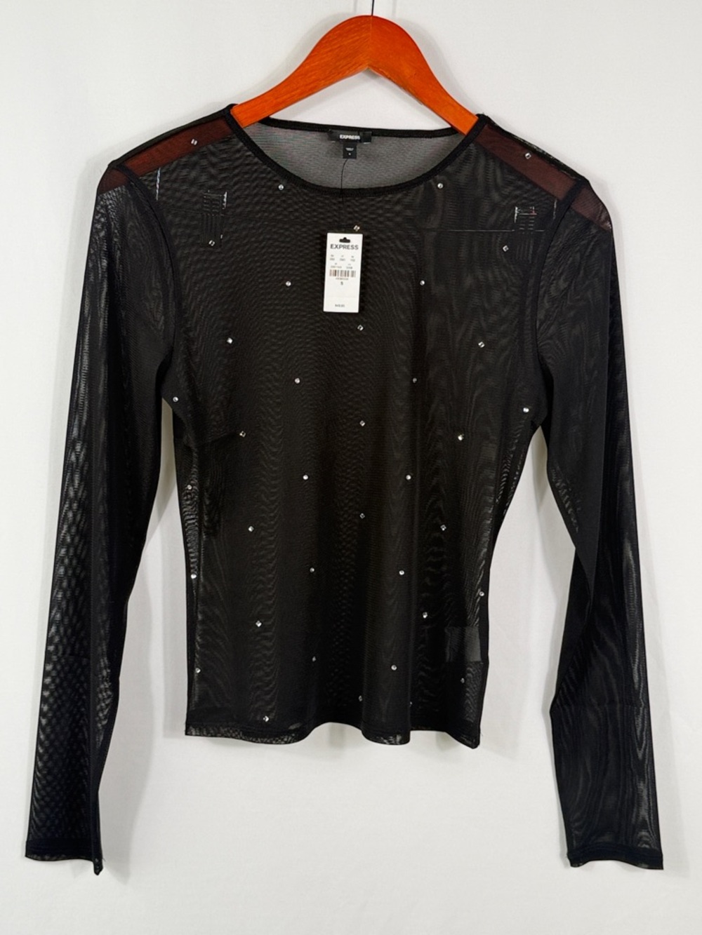 Express Black Sheer Mesh Long Sleeve Top with Crystal Accents Womens Size S. NWT